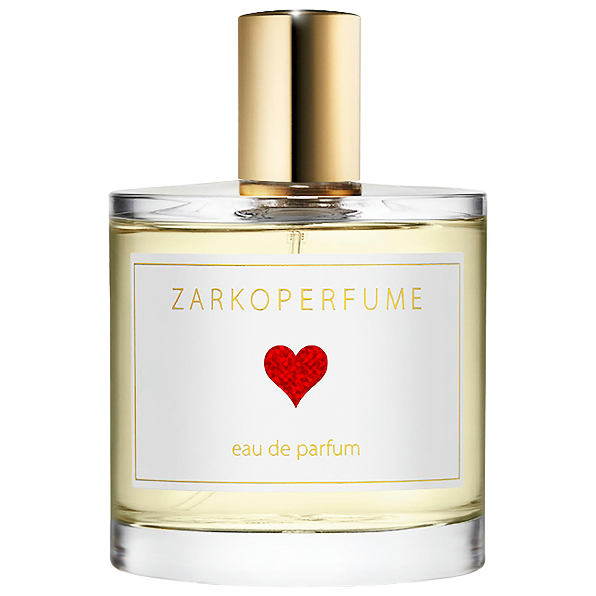Gift idea for Mothers' Day. Zarkoperfume fragrance bottle. Golden cap, golden text and a red heart on a white label.