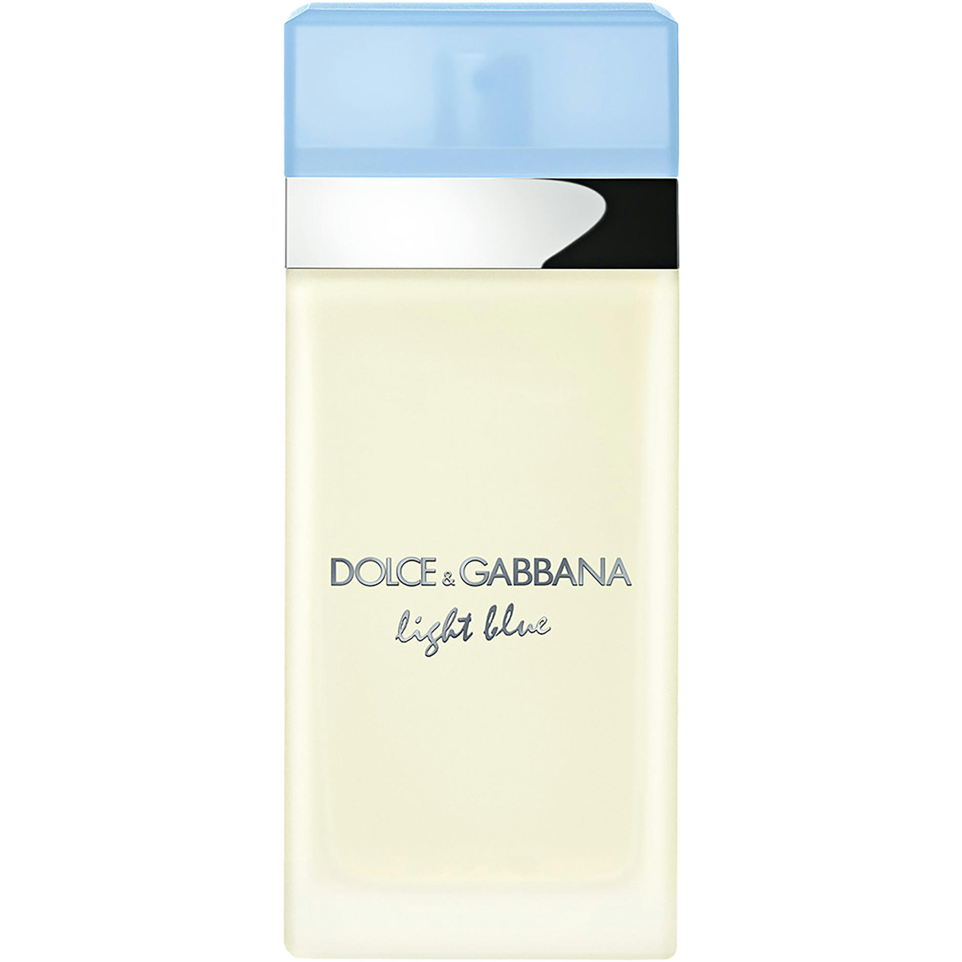 Gift idea for Mothers' Day. Dolce&Gabbana fragrance with a rectangular shape, frosted glass, silver text and a light blue cap.