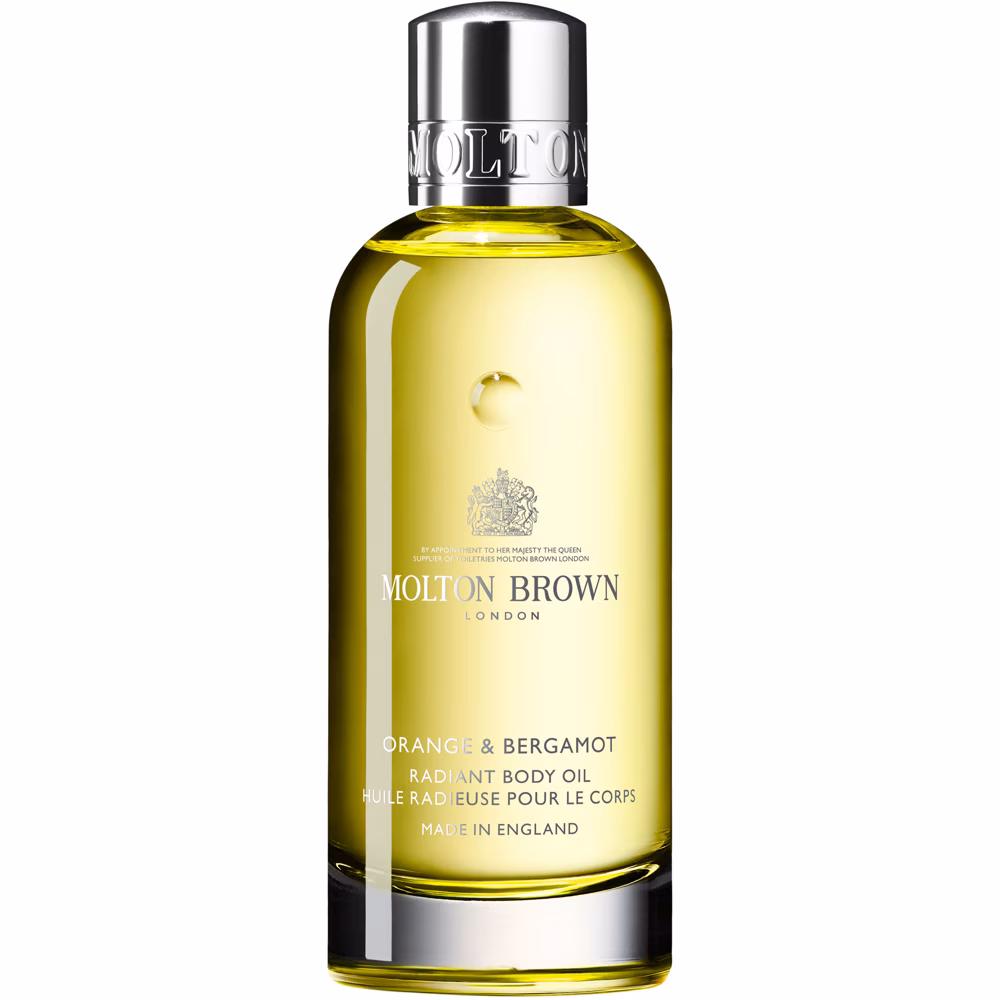 Gift idea for Mothers' Day. Molton Brown Body Oil. Yellow bottle with a cap and text in silver.