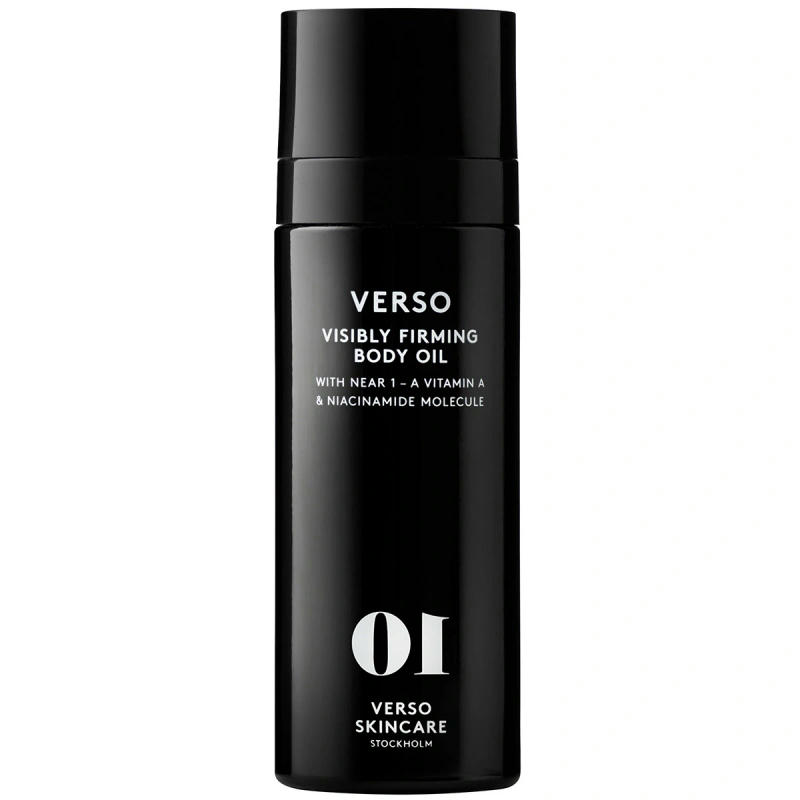 Gift idea for Mothers' Day. Verso Body Oil. Black Bottle with white text.