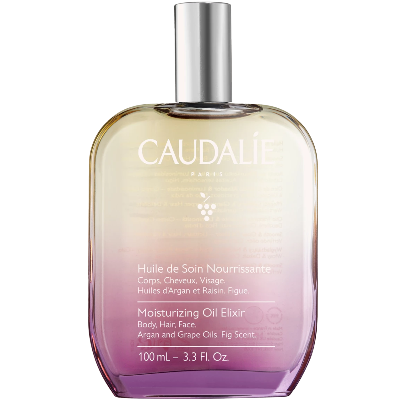Gift idea for Mothers' Day. Caudalie Body Oil in a purple-to-white gradient glass bottle.