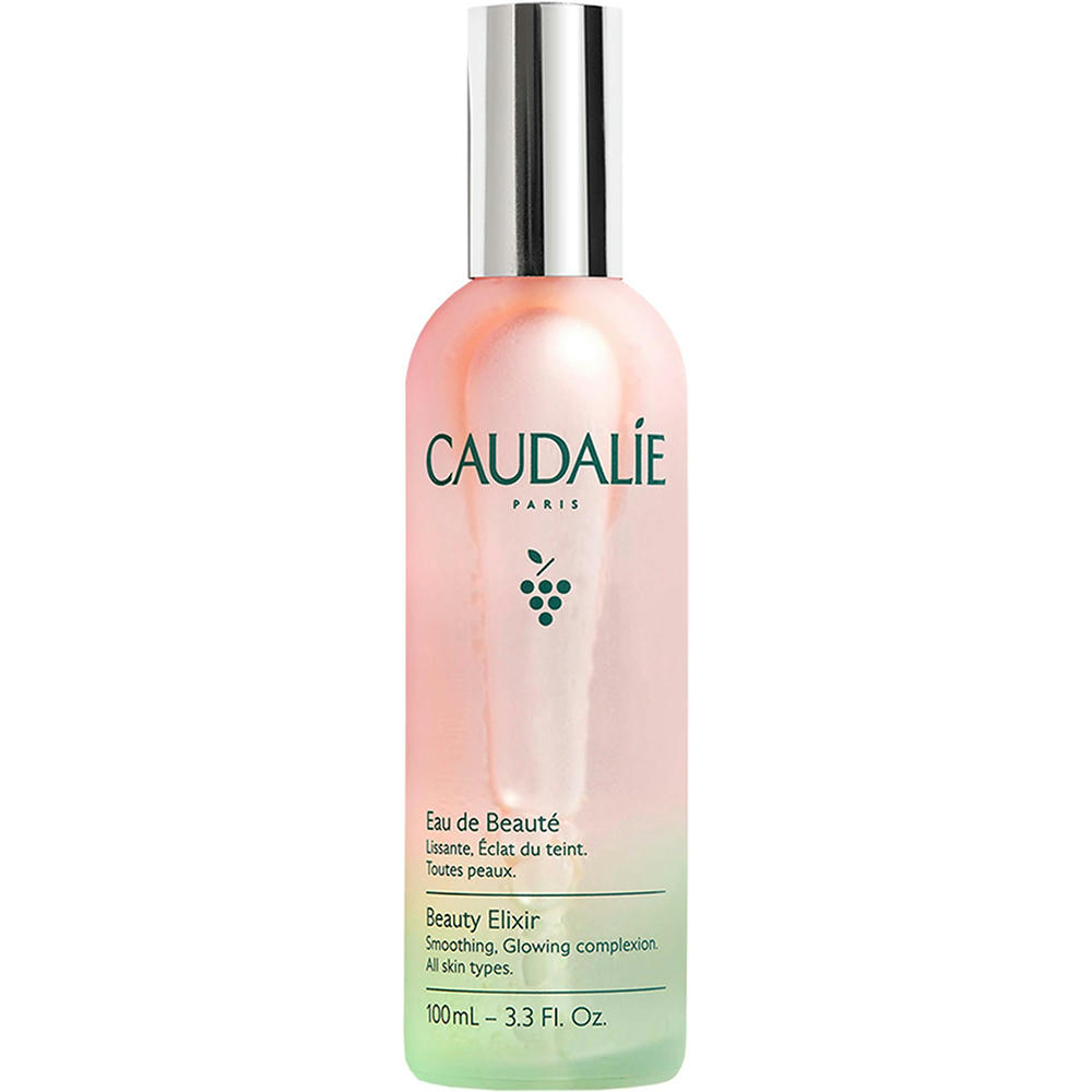 Caudalie Beauty Elixir, facial mist with a green-to-pink gradient glass bottle.