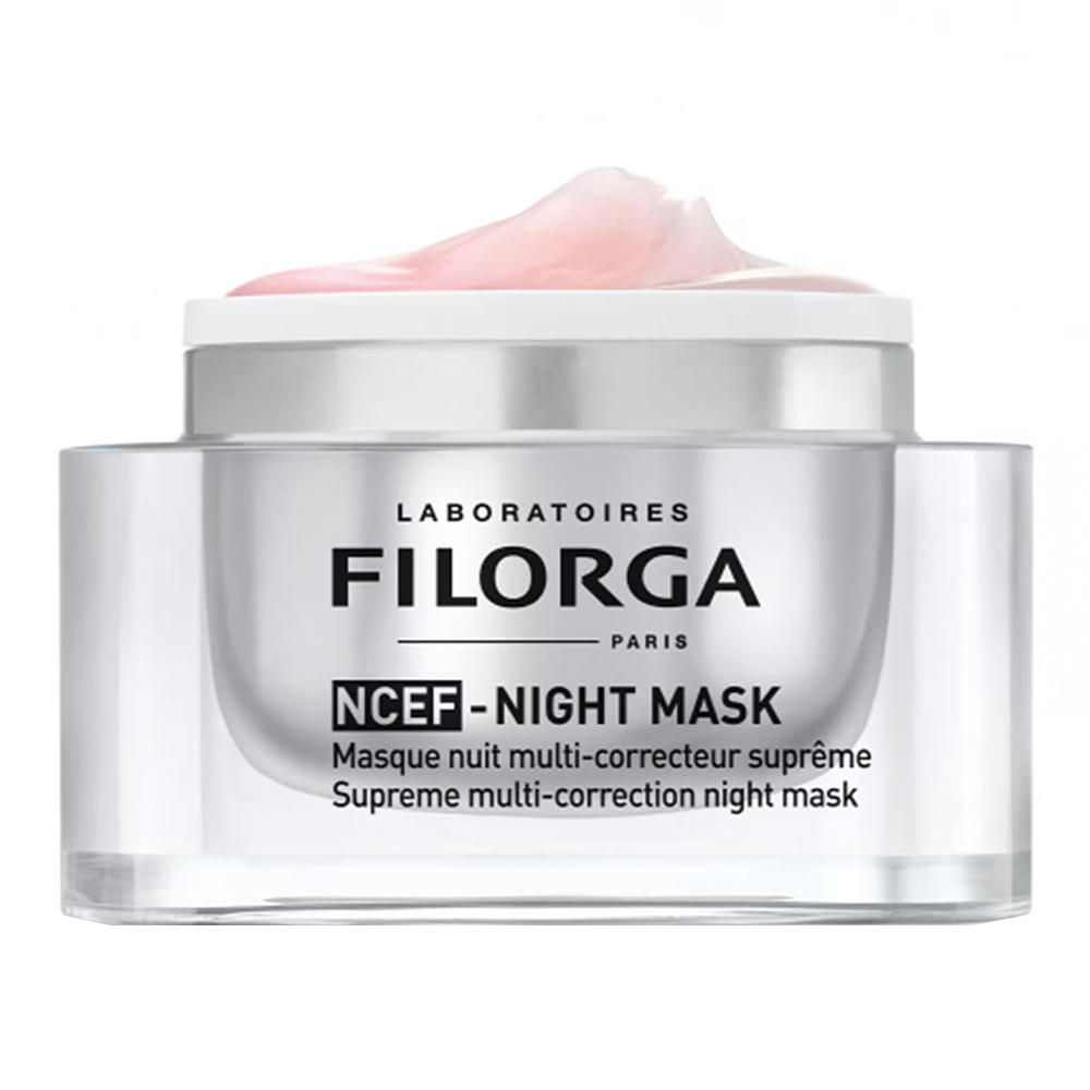 Filorga NCEF-Night Mask. Silver-coloyured jar with a light pink cream inside.