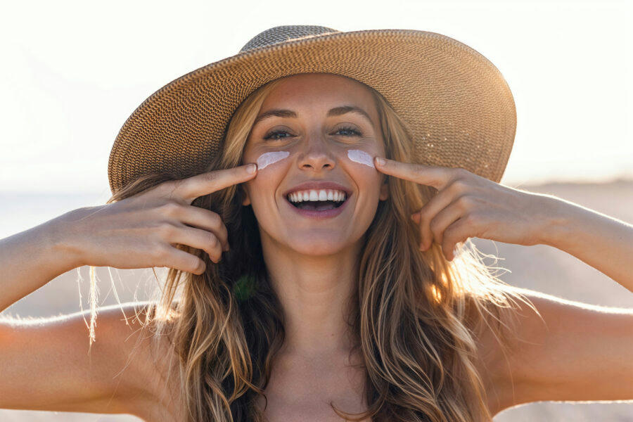 A girl, wearing a sun hat, applies sunscreen to her cheeks.